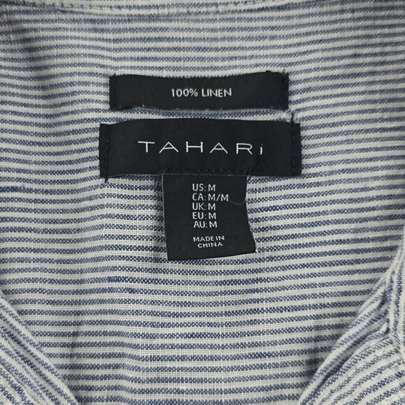 Tahari Striped Sleeveless Shirt Dress 100% Linen Pockets Blue White Medium - Picture 5 of 9